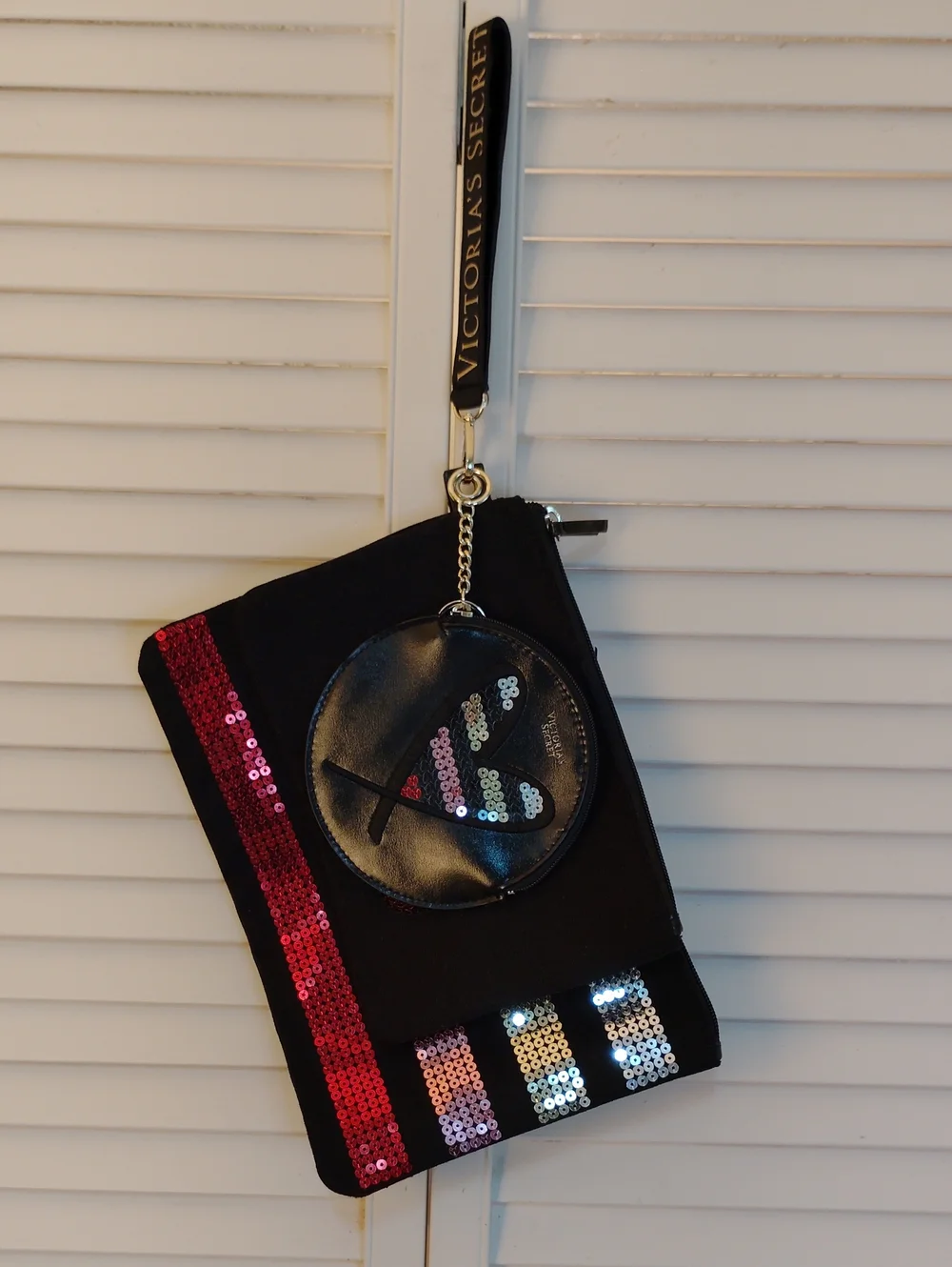 Victoria's Secret Black Wristlet with Pink and Silver Sequins